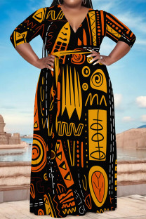 Black Casual National Totem Print Lace Up Contrast V Neck Printed Plus Size Dresses