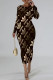 Coffee Casual Daily Letter Print Contrast O Neck Printed Dresses