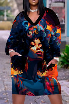 Black Casual Street Figure Print Pocket Contrast V Neck Printed Plus Size Dresses