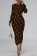 Dark Brown Street Daily Letter Print Contrast O Neck Printed Dresses