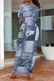 Blue Coffee Casual Street Faux Denim Print Contrast O Neck One Step Skirt Dresses