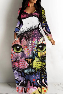 Multicolor Casual Print Basic V Neck Long Dresses