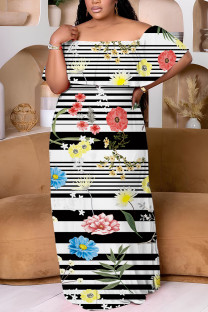 Stripe Casual Print Patchwork Off Shoulder Long Plus Size Dresses