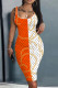 Orange White Casual Print Basic U Neck Vest Dresses