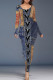 Dark Blue Casual Street Faux Denim Print Contrast O Neck One Step Skirt Dresses