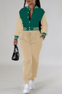 Khaki Casual Patchwork Contrast Fishtail Long Sleeve Two Pieces
