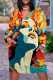 Orange Yellow Casual Street Figure Print Pocket Contrast V Neck Printed Plus Size Dresses