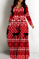 Red Casual Print Basic V Neck Long Dresses