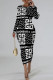 Black White Casual Street Letter Print Contrast O Neck Printed Dresses