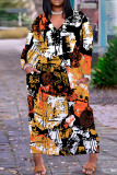White Casual Print Basic V Neck Long Plus Size Dresses