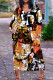 Orange Yellow Casual Print Basic V Neck Long Plus Size Dresses
