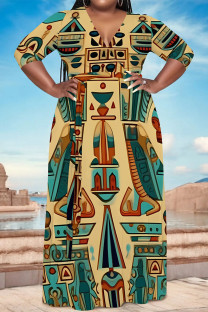 Lake Blue Casual National Totem Print Lace Up Contrast V Neck Printed Plus Size Dresses