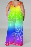 Baby Blue Casual Print Backless Spaghetti Strap Plus Size Jumpsuits (With Headscarf)