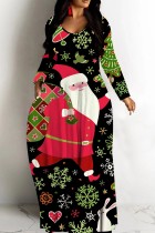 Black Green Casual Print Basic V Neck Long Dresses
