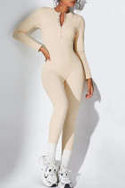 Apricot Casual Solid Color Buckle Patchwork O Neck Skinny Jumpsuits