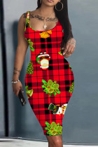 Red Green Casual Santa Claus Print Basic U Neck Vest Dresses