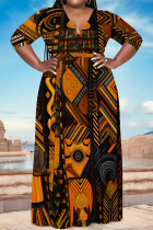Brown Casual National Totem Print Lace Up Contrast V Neck Printed Plus Size Dresses