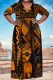Brown Casual National Totem Print Lace Up Contrast V Neck Printed Plus Size Dresses