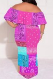 Tangerine Red Casual Print Patchwork Off Shoulder Long Plus Size Dresses
