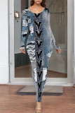 Blue Coffee Casual Street Faux Denim Print Contrast O Neck One Step Skirt Dresses