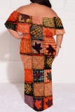 Tangerine Red Casual Print Patchwork Off Shoulder Long Plus Size Dresses