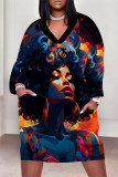 Black Casual Street Figure Print Pocket Contrast V Neck Printed Plus Size Dresses