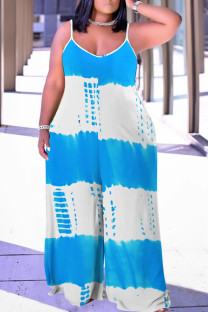 White Blue Casual Print Backless Spaghetti Strap Plus Size Jumpsuits (With Headscarf)