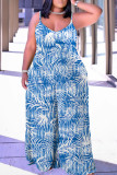 Baby Blue Casual Print Backless Spaghetti Strap Plus Size Jumpsuits (With Headscarf)
