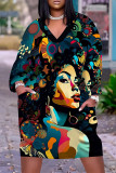 Black Casual Street Figure Print Pocket Contrast V Neck Printed Plus Size Dresses