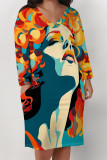 Black Casual Street Figure Print Pocket Contrast V Neck Printed Plus Size Dresses