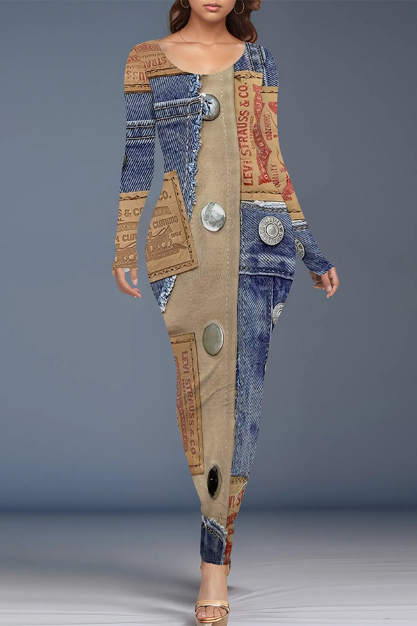 Multicolor Casual Street Faux Denim Print Contrast O Neck One Step Skirt Dresses
