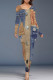 Multicolor Casual Street Faux Denim Print Contrast O Neck One Step Skirt Dresses