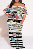 Tangerine Red Casual Print Patchwork Off Shoulder Long Plus Size Dresses