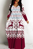 Burgundy Casual Print Basic V Neck Long Dresses