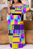 Tangerine Red Casual Print Patchwork Off Shoulder Long Plus Size Dresses