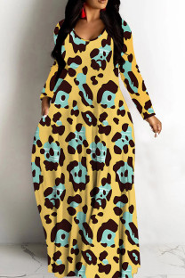 Yellow Casual Print Basic V Neck Long Dresses