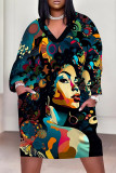 Black Casual Street Figure Print Pocket Contrast V Neck Printed Plus Size Dresses