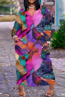 Purple Casual Print Basic V Neck Long Plus Size Dresses