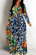 Blue Gray Casual Print Basic V Neck Long Dresses