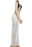 Black Elegant Patchwork High Slit Ruched Contrast Turtleneck Long Dresses