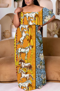 Yellow Brown Casual Print Patchwork Off Shoulder Long Plus Size Dresses