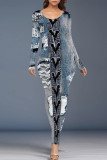 Blue Coffee Casual Street Faux Denim Print Contrast O Neck One Step Skirt Dresses