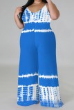 Baby Blue Casual Print Backless Spaghetti Strap Plus Size Jumpsuits (With Headscarf)
