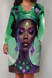 Black Casual Street Figure Print Pocket Contrast V Neck Printed Plus Size Dresses