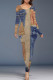 Blue Coffee Casual Street Faux Denim Print Contrast O Neck One Step Skirt Dresses