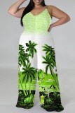 Baby Blue Casual Print Backless Spaghetti Strap Plus Size Jumpsuits (With Headscarf)