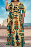 Brown Casual National Totem Print Lace Up Contrast V Neck Printed Plus Size Dresses