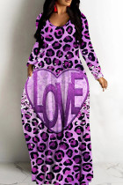 Light Purple Casual Print Basic V Neck Long Dresses