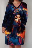 Black Casual Street Figure Print Pocket Contrast V Neck Printed Plus Size Dresses