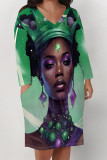 Black Casual Street Figure Print Pocket Contrast V Neck Printed Plus Size Dresses